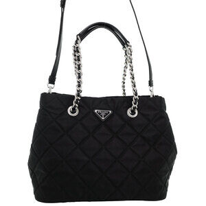 Prada Tessuto Impuntu Quilted Nylon Saffiano Leather Chain Tote Bag black